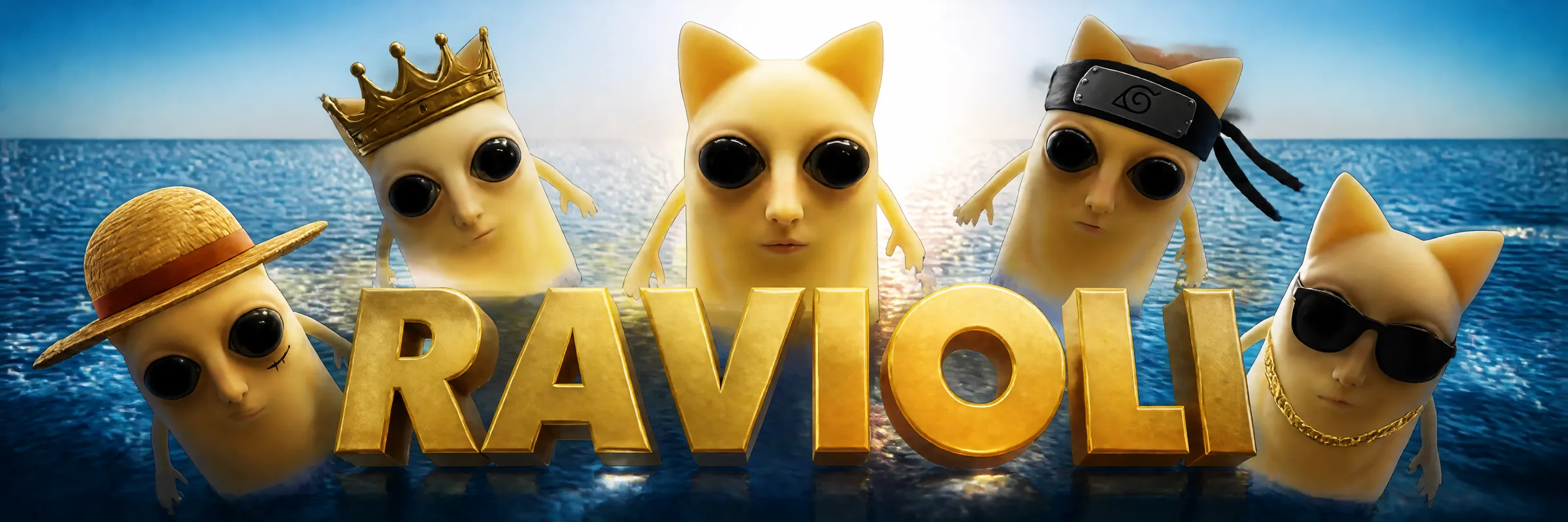 Five Ravioli in the ocean behind giant gold letters spelling Ravioli